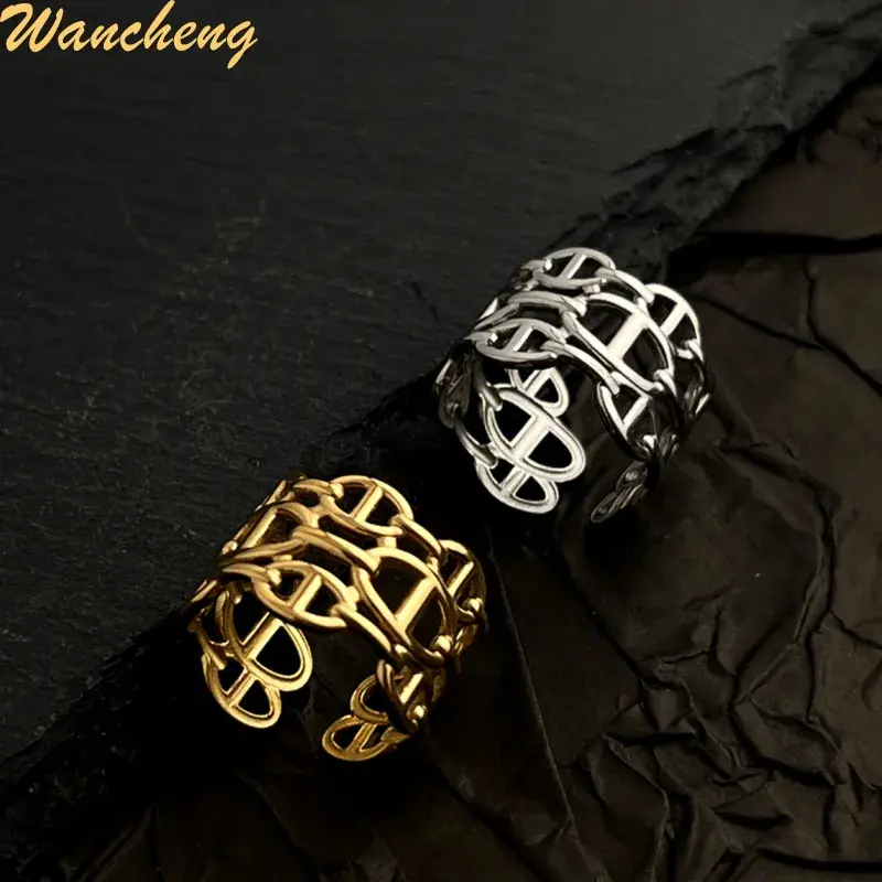 Vintage Fashionable Stainless Steel Ring Coated 18K Gold Simple Versatile Titanium Steel Open Design Sensibility Ring