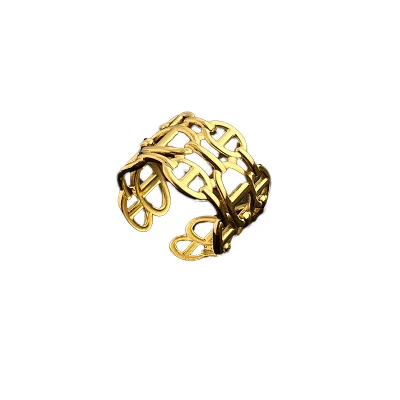 Vintage Fashionable Stainless Steel Ring Coated 18K Gold Simple Versatile Titanium Steel Open Design Sensibility Ring