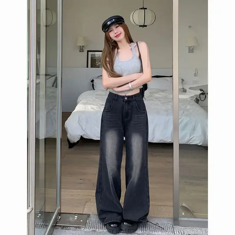 Retro Washed High Waist Straight Leg Jeans Loose Slimming Floor-Length Pants Women Spring 2025 Vintage Wide Leg Trousers