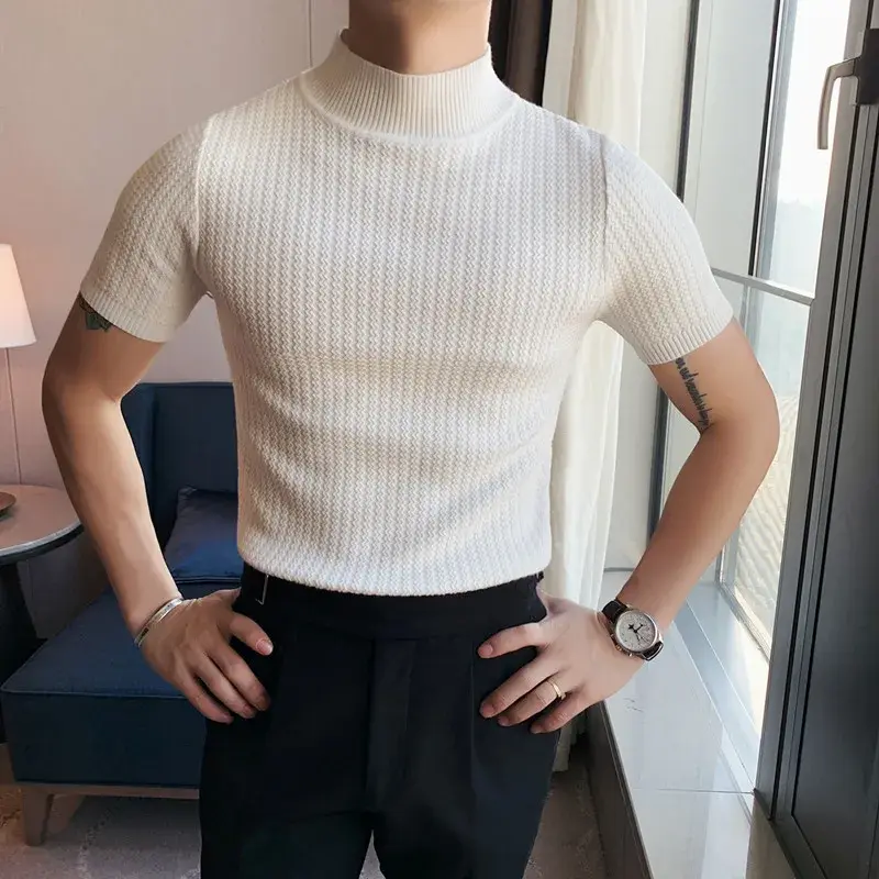Spring 2021 Men's Slim Fit Casual Fashionable T-Shirt Half High Collar Short Sleeve Knitted Sweater Base Shirt