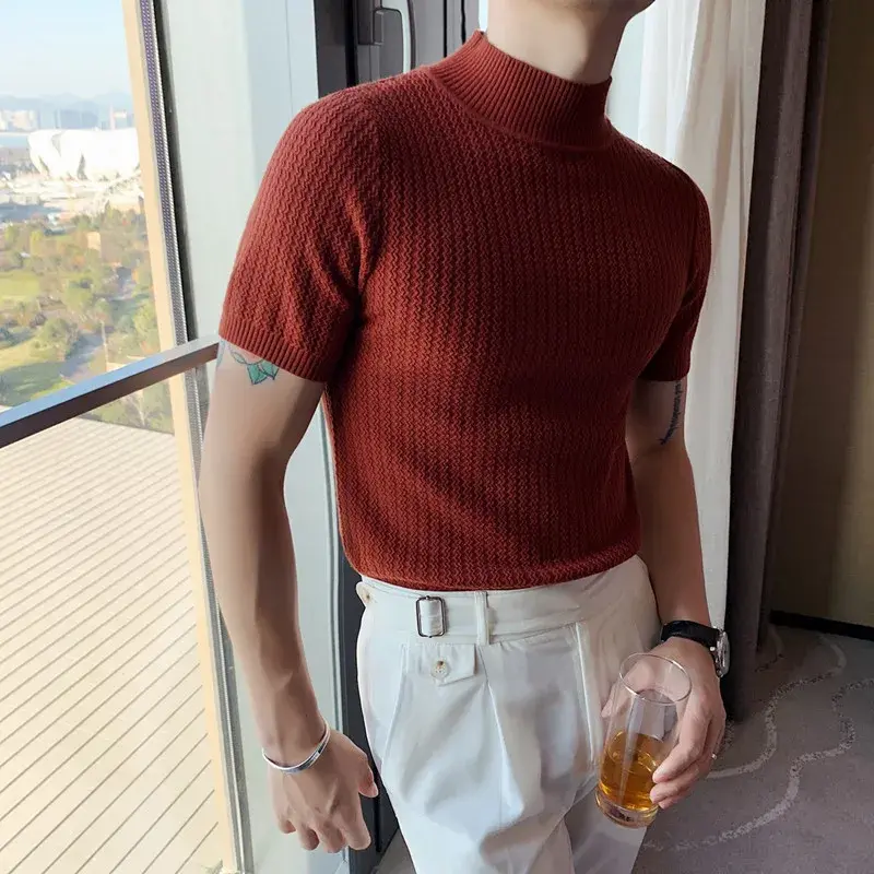 Spring 2021 Men's Slim Fit Casual Fashionable T-Shirt Half High Collar Short Sleeve Knitted Sweater Base Shirt