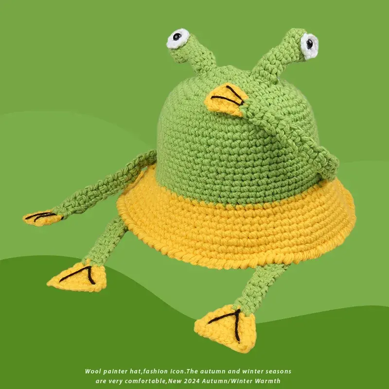 Adorable Cartoon Frog Knit Fishing Cap Women's Autumn/Winter Warm Wide Brim Face-Forward Small Yarn Pot Cap Motorcycle Helmet St