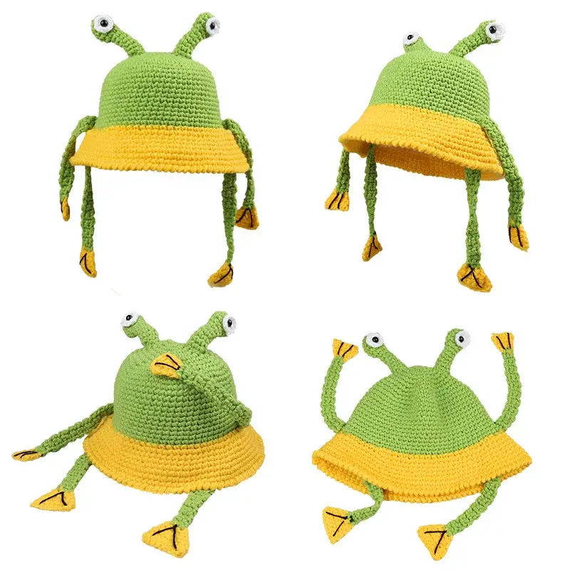 Adorable Cartoon Frog Knit Fishing Cap Women's Autumn/Winter Warm Wide Brim Face-Forward Small Yarn Pot Cap Motorcycle Helmet St