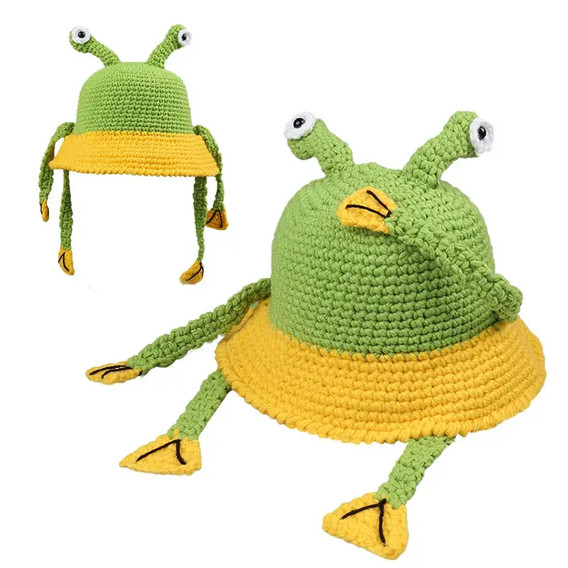 Adorable Cartoon Frog Knit Fishing Cap Women's Autumn/Winter Warm Wide Brim Face-Forward Small Yarn Pot Cap Motorcycle Helmet St