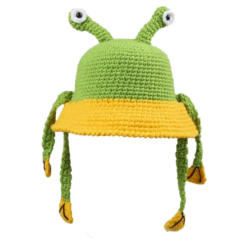 Adorable Cartoon Frog Knit Fishing Cap Women's Autumn/Winter Warm Wide Brim Face-Forward Small Yarn Pot Cap Motorcycle Helmet St