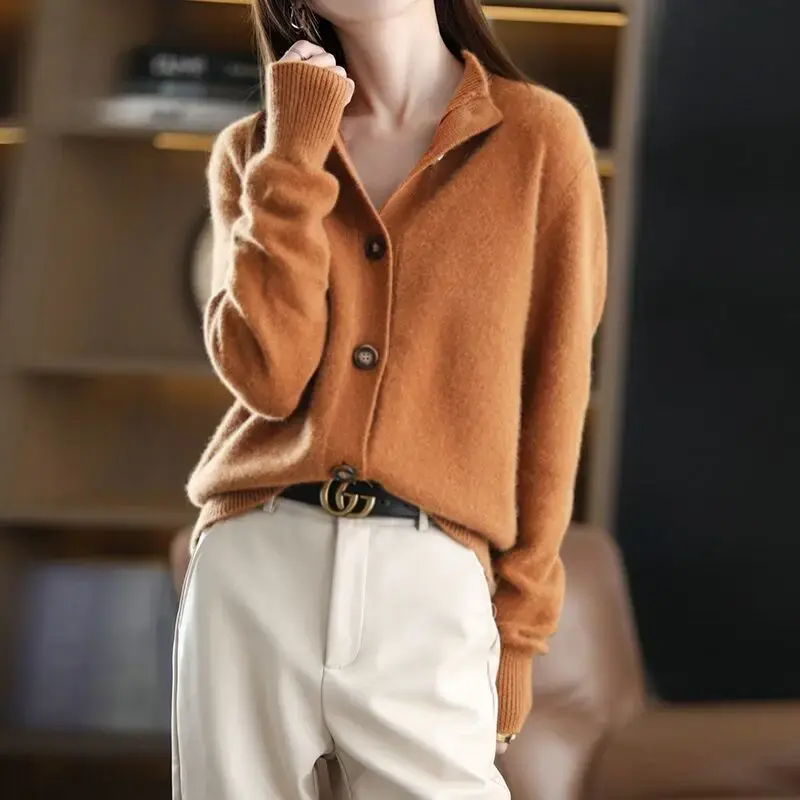 Retro Knitted Open Cardigan Loose Long Sleeve round Neck Stand Collar Women's Outerwear Korean Style Versatile Sweater Coat