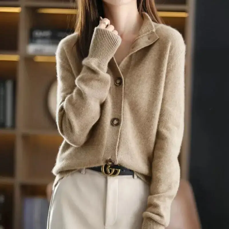 Retro Knitted Open Cardigan Loose Long Sleeve round Neck Stand Collar Women's Outerwear Korean Style Versatile Sweater Coat