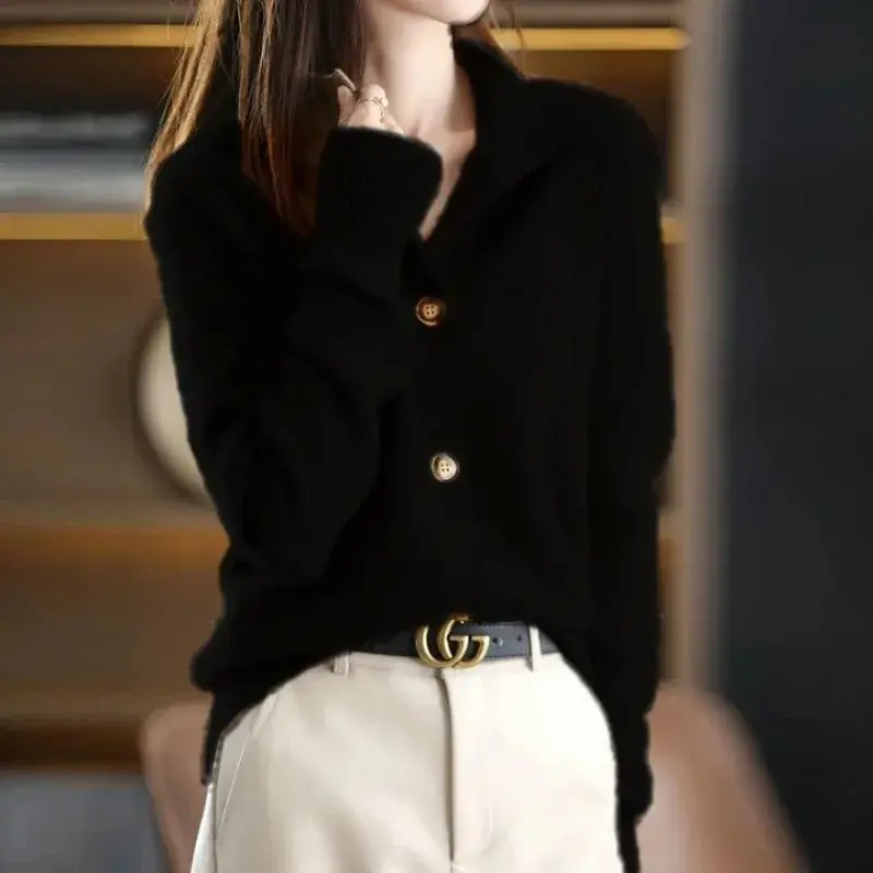Retro Knitted Open Cardigan Loose Long Sleeve round Neck Stand Collar Women's Outerwear Korean Style Versatile Sweater Coat