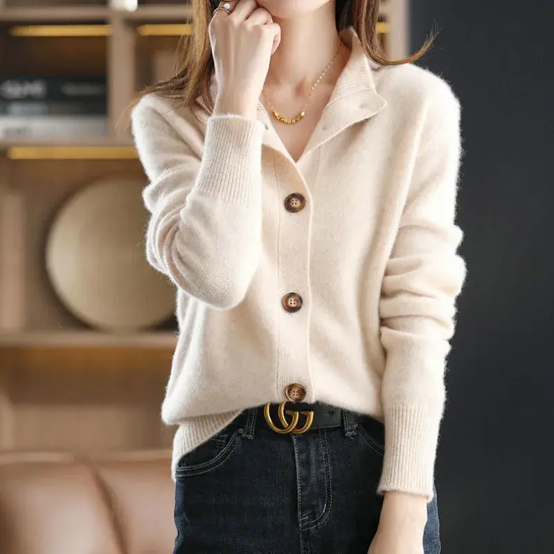 Retro Knitted Open Cardigan Loose Long Sleeve round Neck Stand Collar Women's Outerwear Korean Style Versatile Sweater Coat