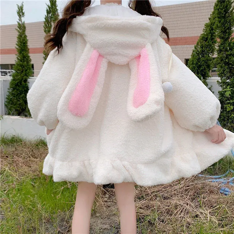 Thickened Fleece Hoodie Women's Winter Style Rabbit Ear Lamb Fur Soft Cute Style Age Reduction Outerwear Autumn Winter Trendy