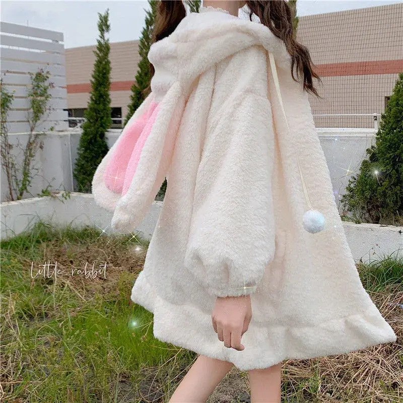 Thickened Fleece Hoodie Women's Winter Style Rabbit Ear Lamb Fur Soft Cute Style Age Reduction Outerwear Autumn Winter Trendy