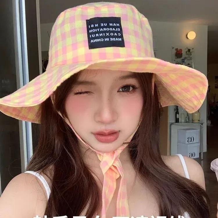 Thai Blogger Vintage Plaid Fishing Cap Women Summer Outing Holiday Wide Brim Tie Face Slimming Sun Protection Hat