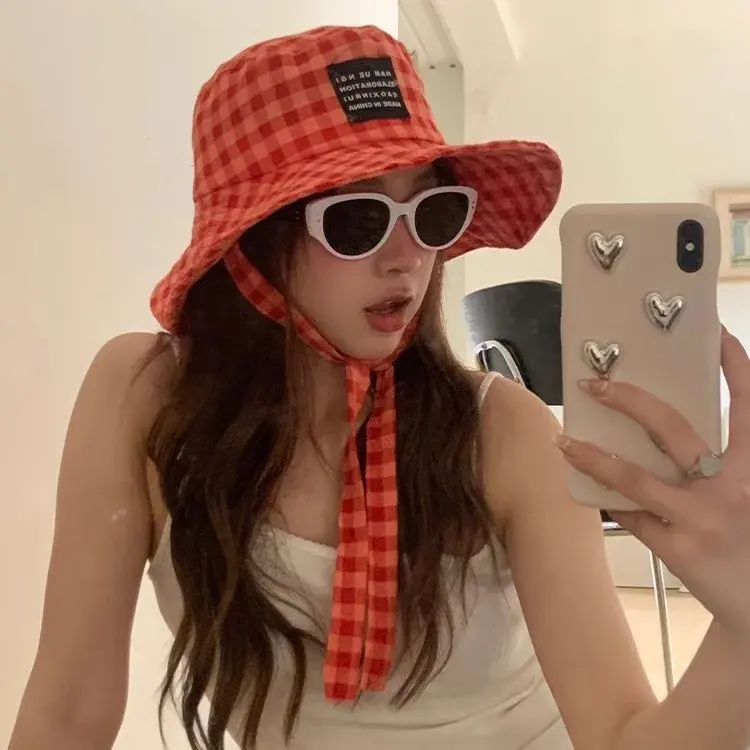Thai Blogger Vintage Plaid Fishing Cap Women Summer Outing Holiday Wide Brim Tie Face Slimming Sun Protection Hat