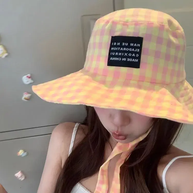 Thai Blogger Vintage Plaid Fishing Cap Women Summer Outing Holiday Wide Brim Tie Face Slimming Sun Protection Hat