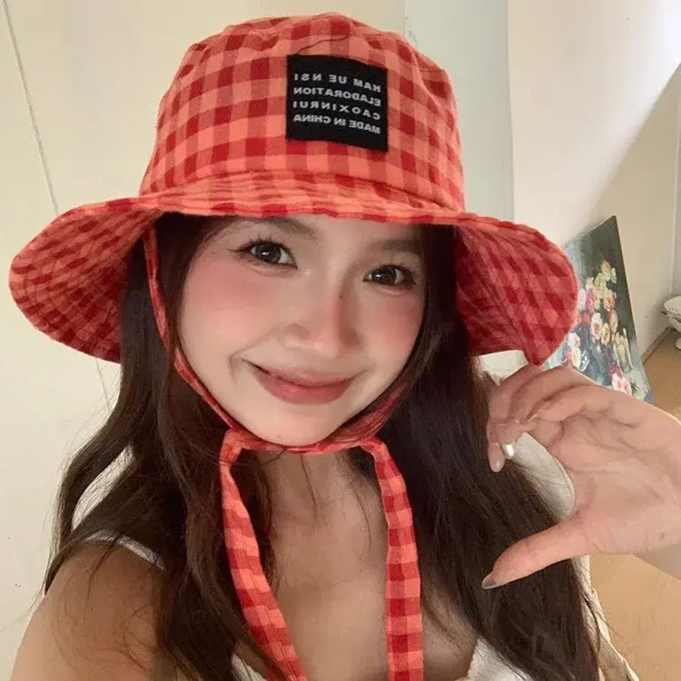 Thai Blogger Vintage Plaid Fishing Cap Women Summer Outing Holiday Wide Brim Tie Face Slimming Sun Protection Hat