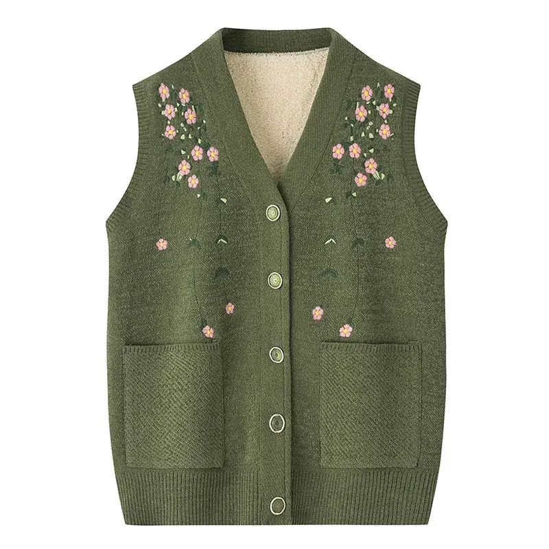 Fleece-lined Embroidered Vest For 70-year-old Women Spring/autumn Mother's Attire Cardigan Jacket