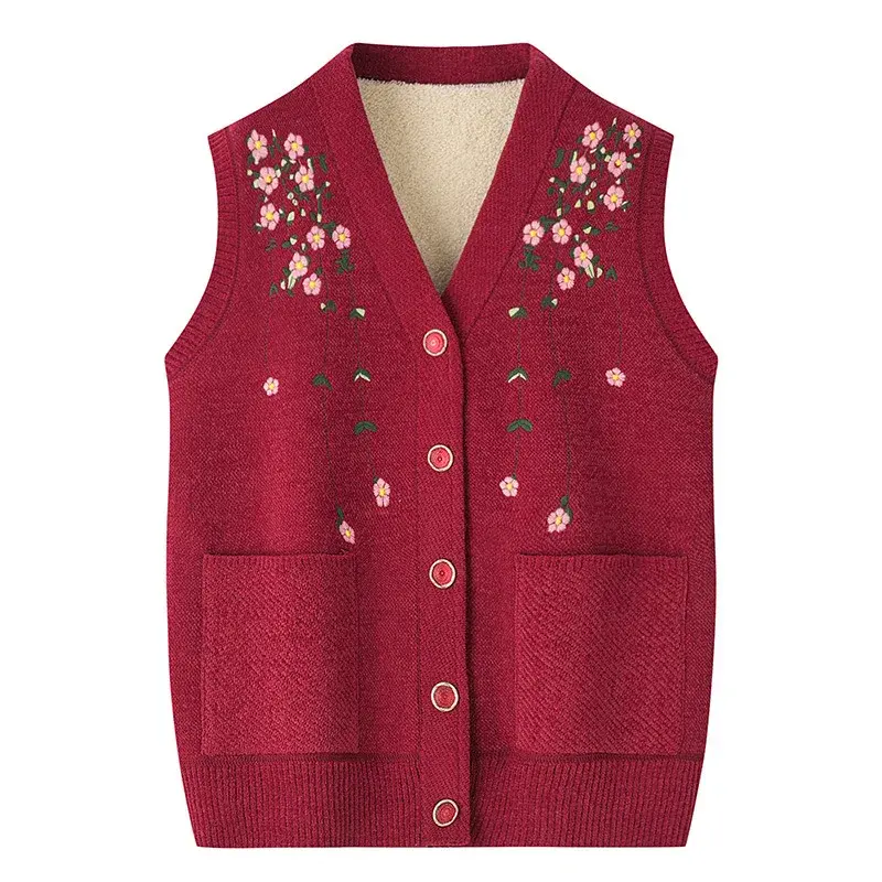 Fleece-lined Embroidered Vest For 70-year-old Women Spring/autumn Mother's Attire Cardigan Jacket