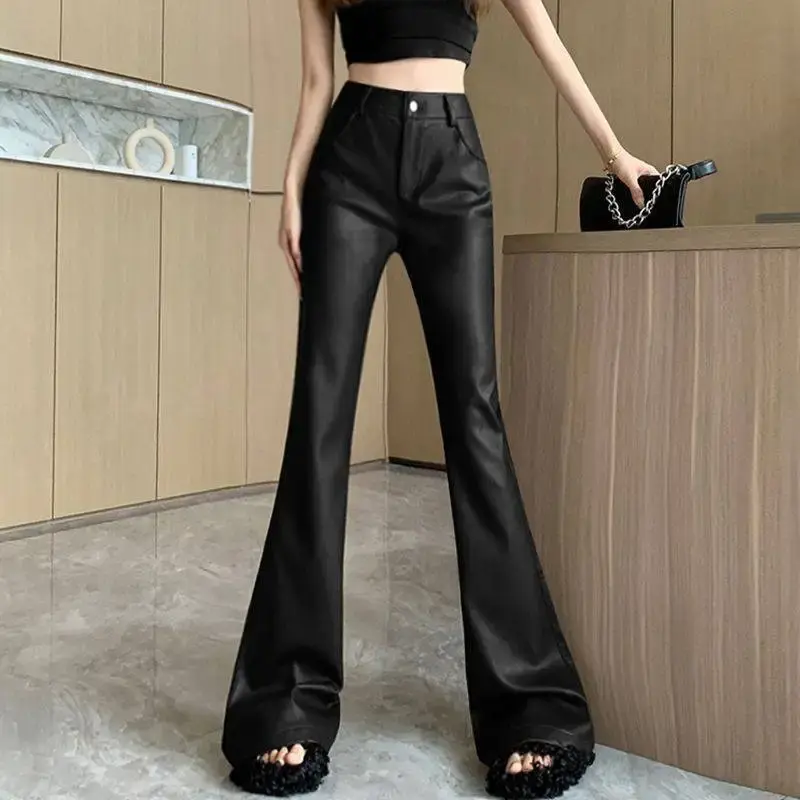 Fashionable Retro PU Leather Bell Bottom Pants High Waist Women's Spring Autumn New Style Elegant Slimming Flared Trousers