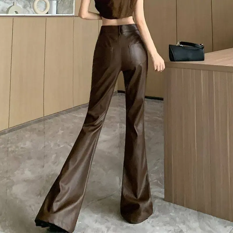Fashionable Retro PU Leather Bell Bottom Pants High Waist Women's Spring Autumn New Style Elegant Slimming Flared Trousers