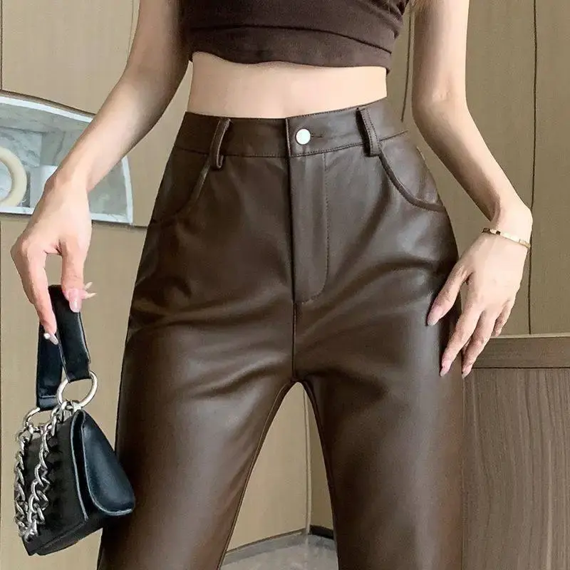 Fashionable Retro PU Leather Bell Bottom Pants High Waist Women's Spring Autumn New Style Elegant Slimming Flared Trousers