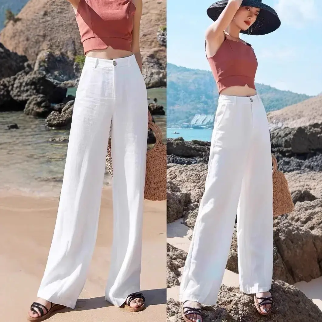 Loose Wide Leg Cotton Linen Pants Drapey High Waist Nine Point Slimming Casual Straight Long Trousers Summer New Arrival