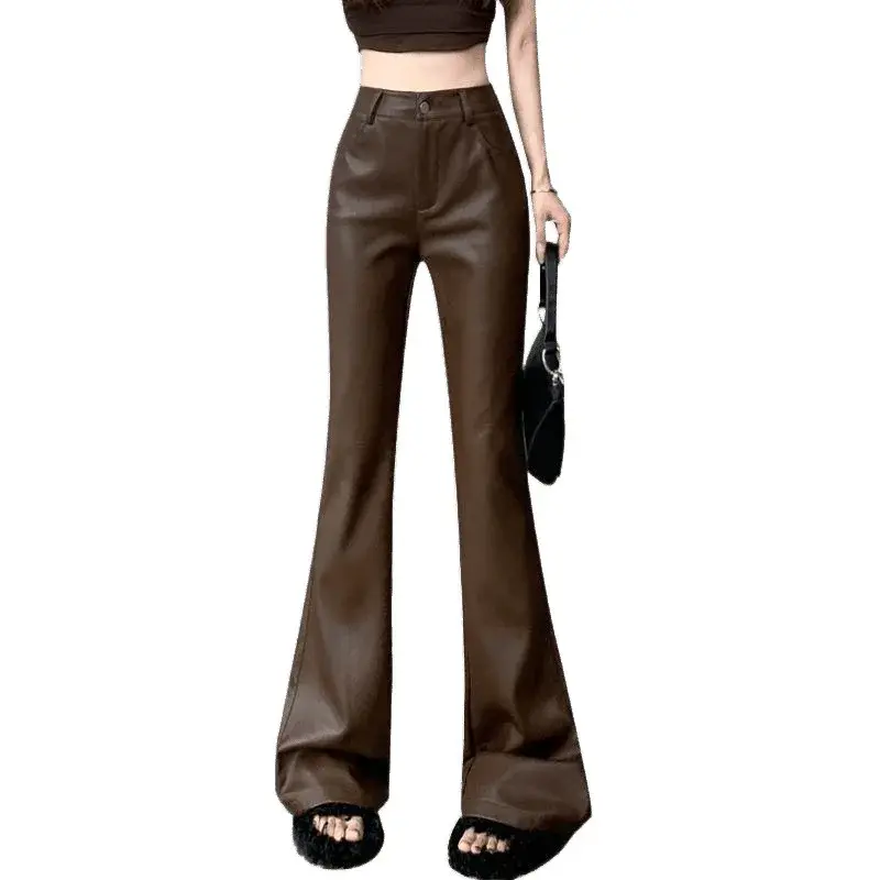 Fashionable Retro PU Leather Bell Bottom Pants High Waist Women's Spring Autumn New Style Elegant Slimming Flared Trousers