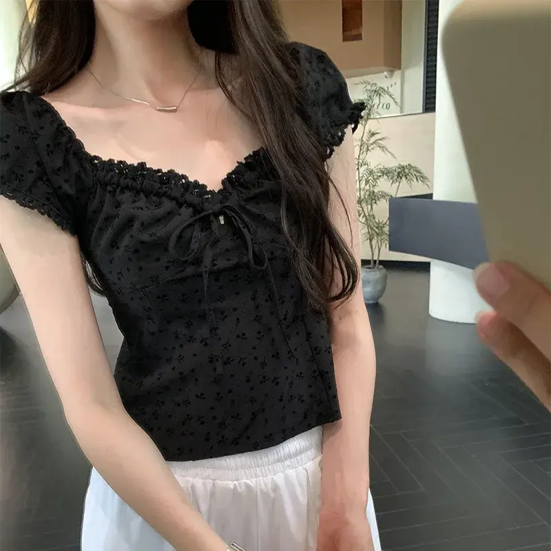 French Style Sweet And Spicy Black Lace Trim Short Sleeve Women's Summer Bubble Top Drawstring Slimming Short Length Blouse