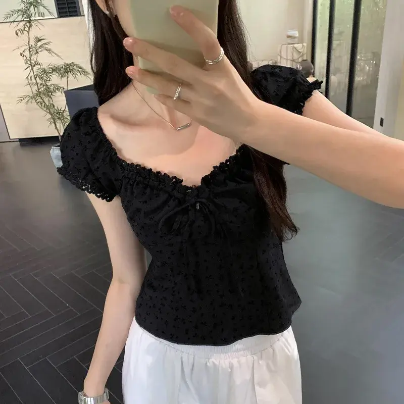 French Style Sweet And Spicy Black Lace Trim Short Sleeve Women's Summer Bubble Top Drawstring Slimming Short Length Blouse