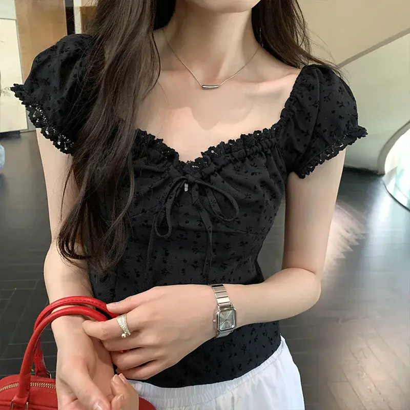 French Style Sweet And Spicy Black Lace Trim Short Sleeve Women's Summer Bubble Top Drawstring Slimming Short Length Blouse