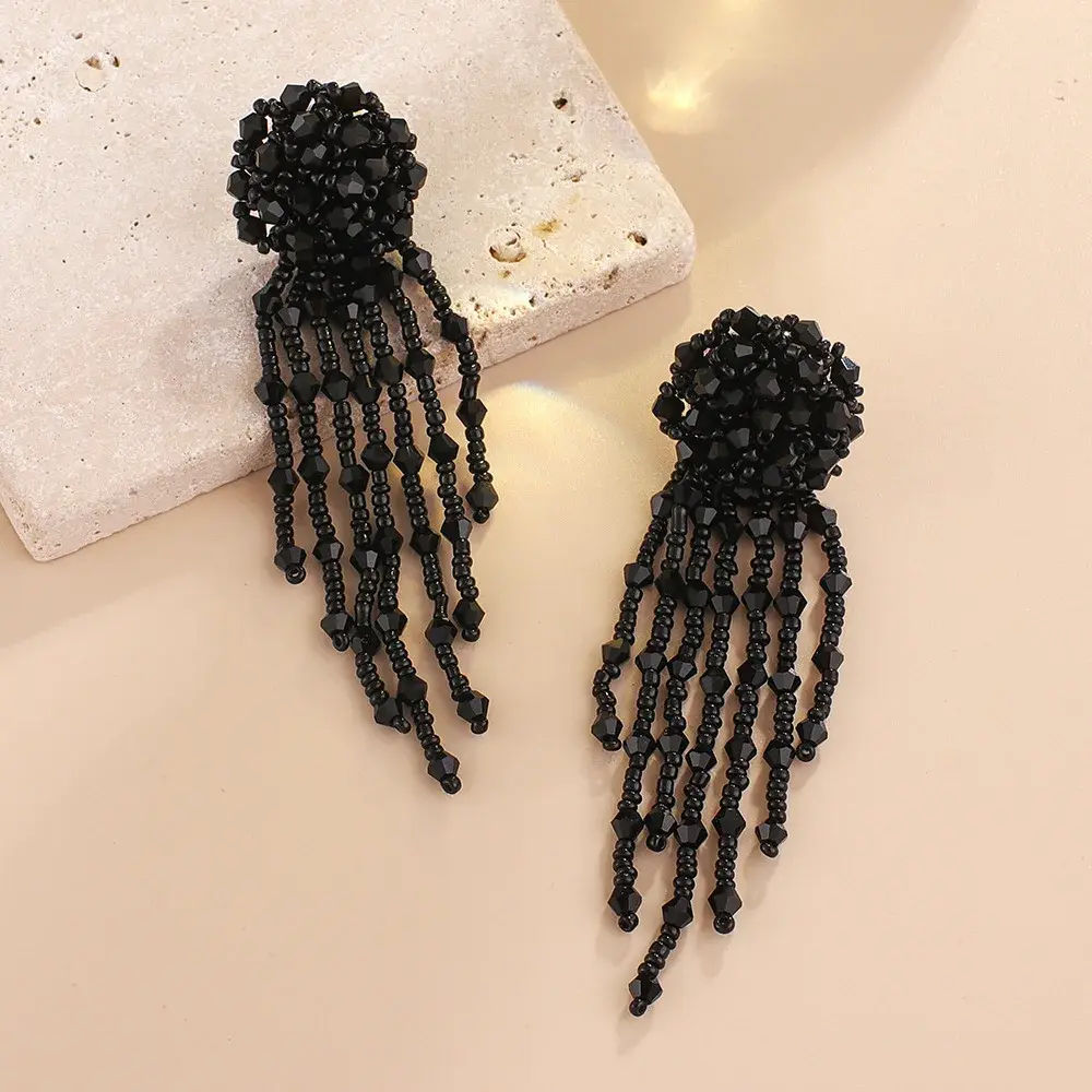 Fashionable Franged Earrings Women's Niche Design Sensibility Korean Elegant Long Handmade Crystal Rice Bead Ear Decorations