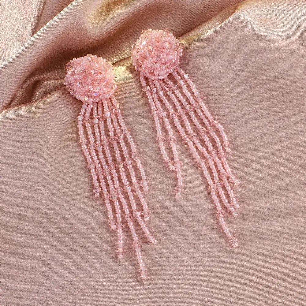 Fashionable Franged Earrings Women's Niche Design Sensibility Korean Elegant Long Handmade Crystal Rice Bead Ear Decorations