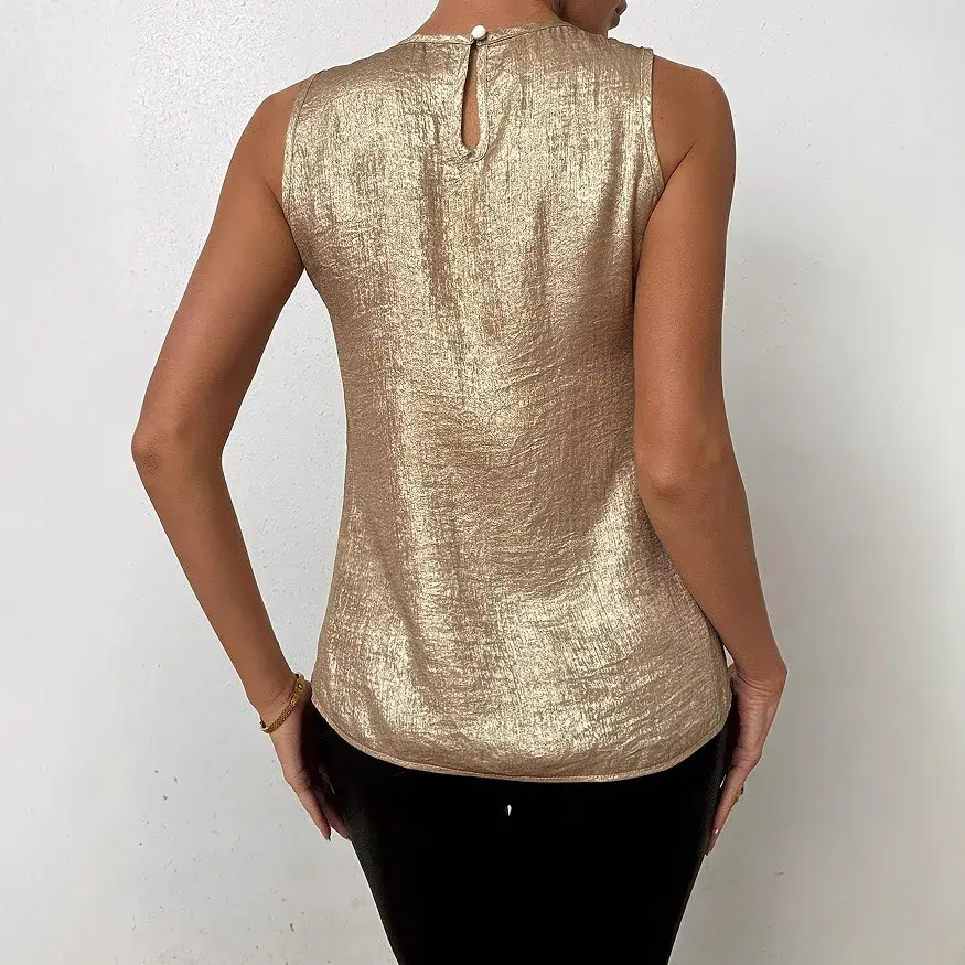 Comfortable Casual Summer Fashion European Style Velvet Quilted Gold Dazzling Sleeveless T-Shirt Metal Patch Decoration