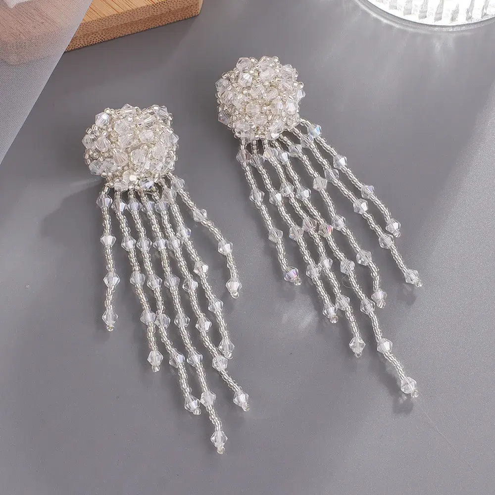 Fashionable Franged Earrings Women's Niche Design Sensibility Korean Elegant Long Handmade Crystal Rice Bead Ear Decorations
