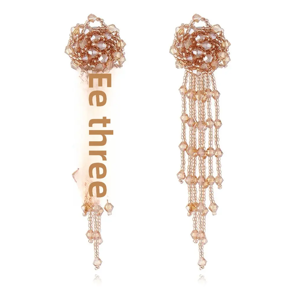 Fashionable Franged Earrings Women's Niche Design Sensibility Korean Elegant Long Handmade Crystal Rice Bead Ear Decorations