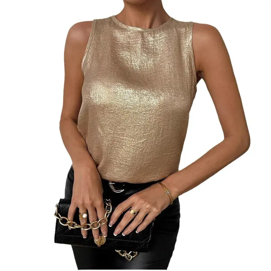 Comfortable Casual Summer Fashion European Style Velvet Quilted Gold Dazzling Sleeveless T-Shirt Metal Patch Decoration