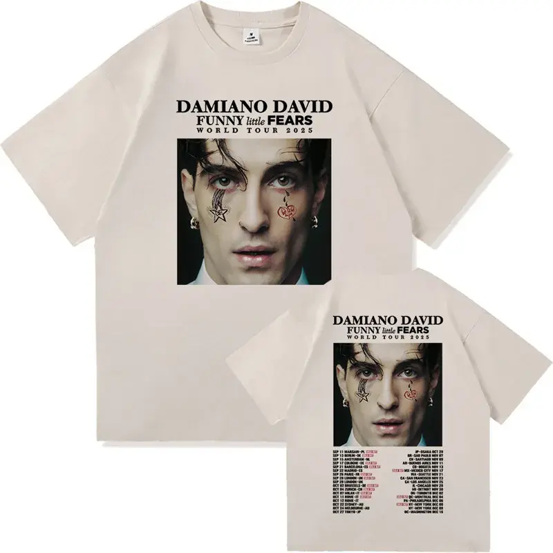 Damiano David Funny Little Fears World Tour 2025 Men's T-Shirt Short Sleeve Crew Neck Regular Fit Fashionable Tour Tee