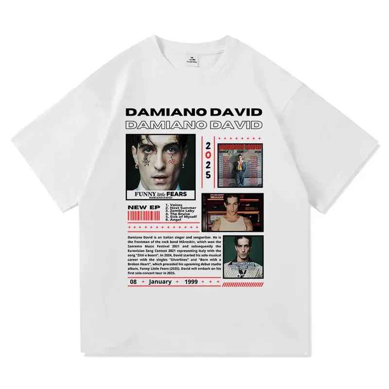 Damiano David Funny Little Fears World Tour 2025 Men's T-Shirt Short Sleeve Crew Neck Regular Fit Fashionable Tour Tee