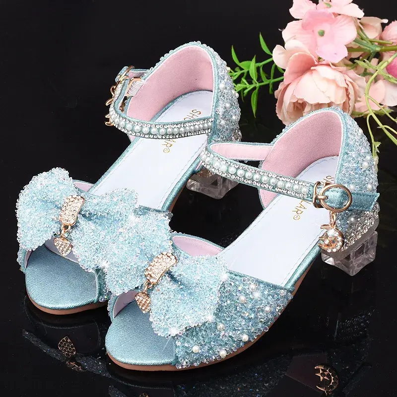 Children's High Heel White Crystal Princess Shoes T-Shirt Model Show Performance Gown Shoes Rubber Sole Polyamide Lining