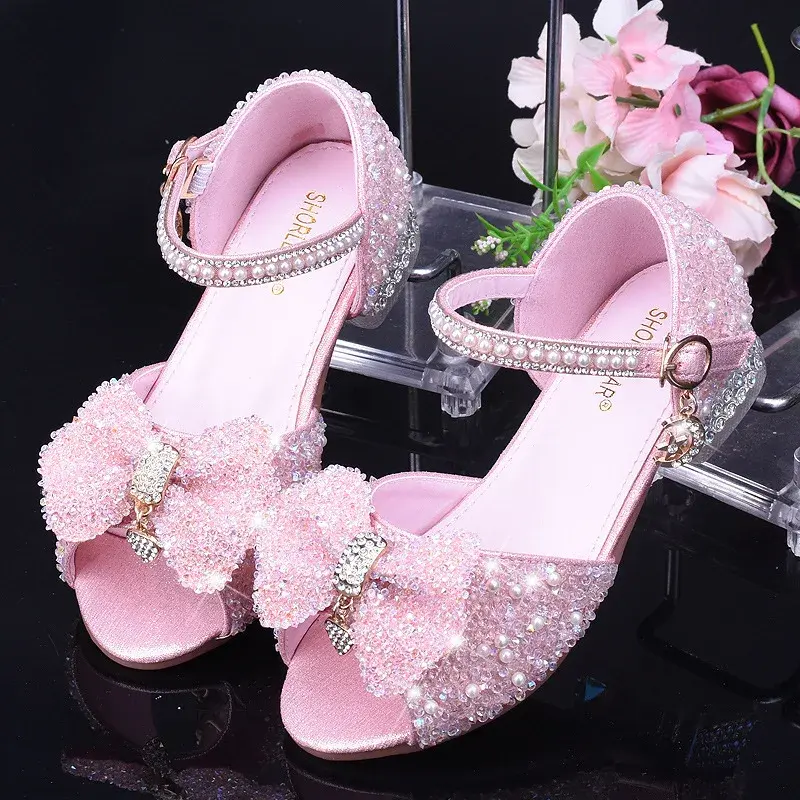 Children's High Heel White Crystal Princess Shoes T-Shirt Model Show Performance Gown Shoes Rubber Sole Polyamide Lining