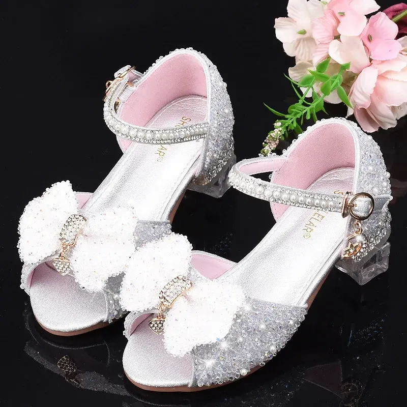 Children's High Heel White Crystal Princess Shoes T-Shirt Model Show Performance Gown Shoes Rubber Sole Polyamide Lining
