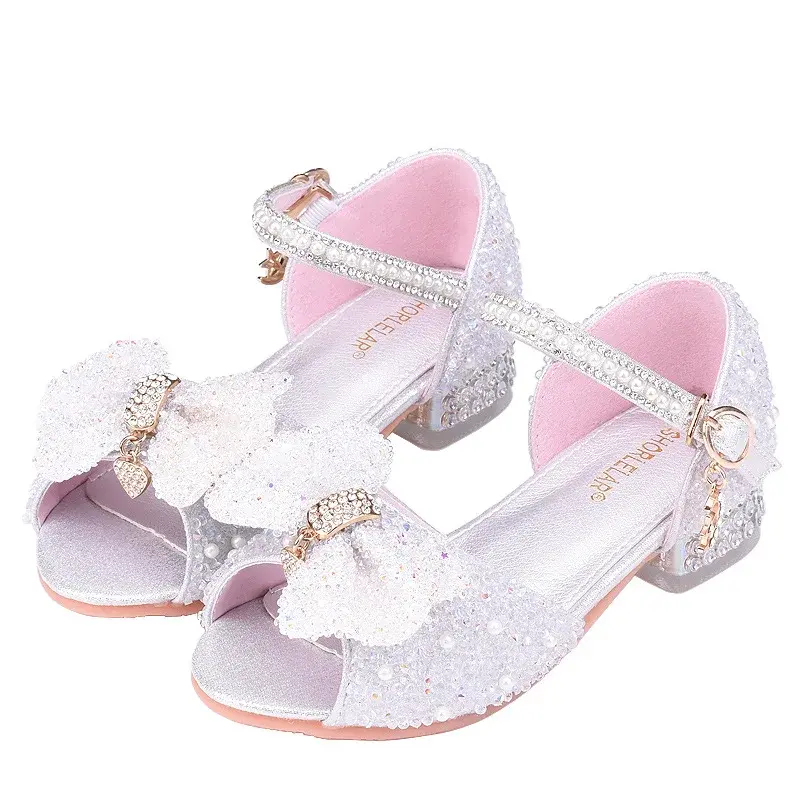 Children's High Heel White Crystal Princess Shoes T-Shirt Model Show Performance Gown Shoes Rubber Sole Polyamide Lining