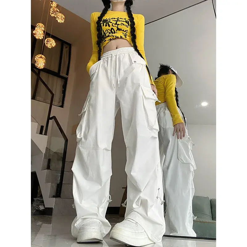 American Style White Ruffled Cargo Pants High-Waisted Slimming Casual Pants For Women Spring Autumn Korean Version Street Hip Ho
