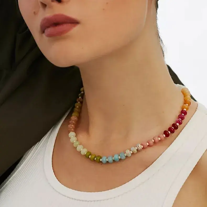 Natural Rainbow Colorful Beads Necklace Choker Amazon Best Seller For Summer Beach Vacation Women's Fashion Jewelry