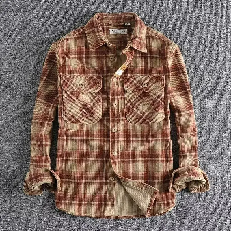 Thickened Heavyweight Workwear Plaid Shirt Men's Corduroy Checkerboard Handsome Long Sleeve Shirt Thick Outerwear Men