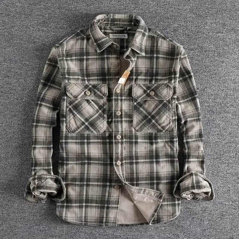 Thickened Heavyweight Workwear Plaid Shirt Men's Corduroy Checkerboard Handsome Long Sleeve Shirt Thick Outerwear Men