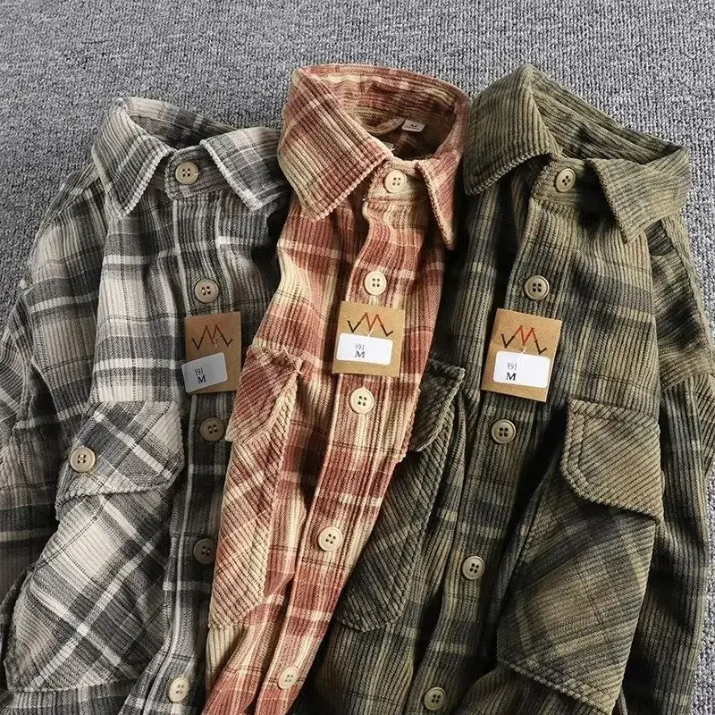 Thickened Heavyweight Workwear Plaid Shirt Men's Corduroy Checkerboard Handsome Long Sleeve Shirt Thick Outerwear Men