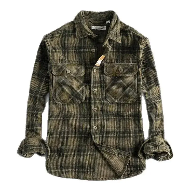 Thickened Heavyweight Workwear Plaid Shirt Men's Corduroy Checkerboard Handsome Long Sleeve Shirt Thick Outerwear Men