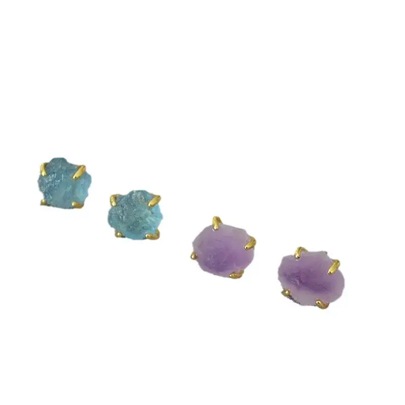 Niche Luxury Bronze Gold Plated Quartz Inlaid Irregular Shaped Sea Blue Crystal 925 Silver Needle Earrings For Women