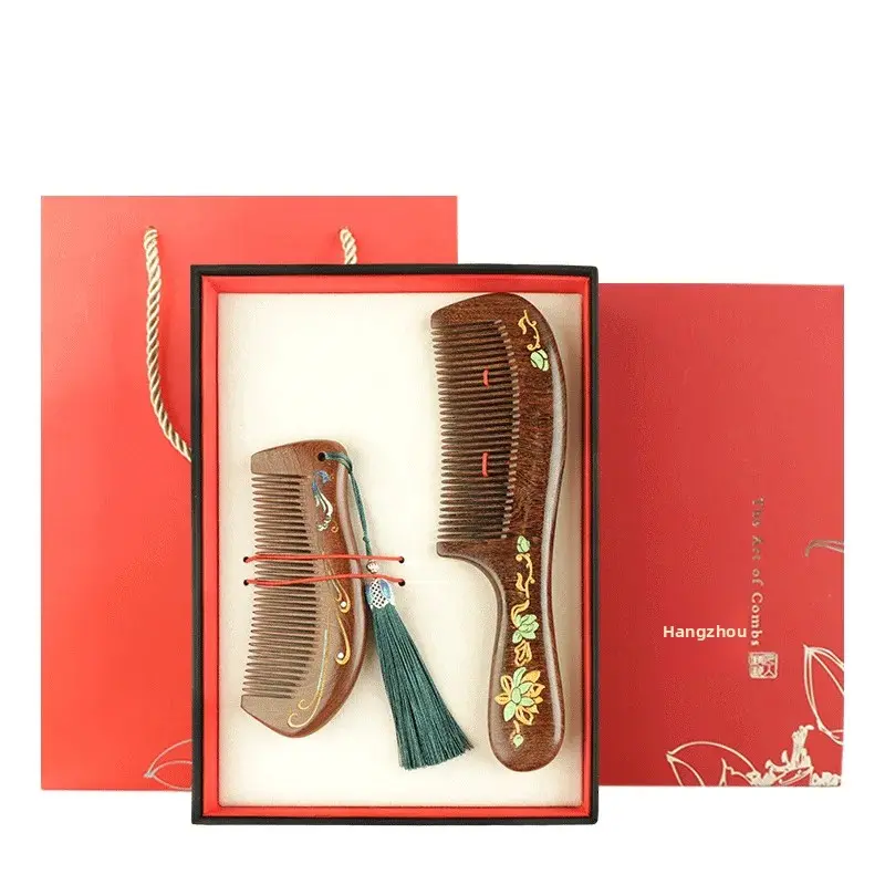 High-End Black Gold Sandalwood Painted Dense Tooth Comb Gift Box Set Women's Hair Comb Festival Souvenir Professional Salon Comb