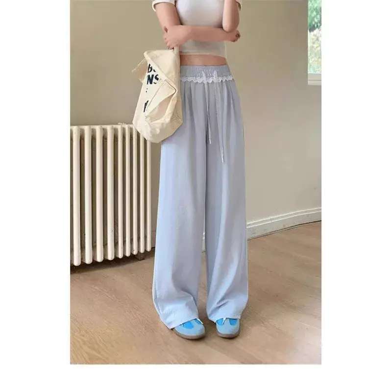 Summer Thin Casual Loose Wide Leg Pants Women's Loose Vertical Sense Straight Leg Pants New 2025 Lace Trim Sembach Pants